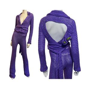 Vintage Handmade Knit Two Piece Set M Backless Flare Leg Rave Festival Resort